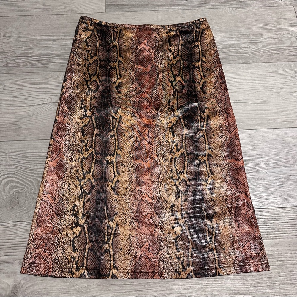 Vintage Free Paris faux leather brown snake print midi slit pencil skirt, Size S